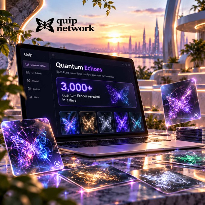 Promotional image for 'quip network' showing 'Quantum Echoes' displayed on a laptop with butterfly graphics, set in a futuristic cityscape with a sunset background.