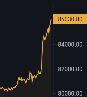 A dark chart displaying a sharply rising orange line graph with the peak value labeled '86030.80', with y-axis markers at 80000, 82000, and 84000.