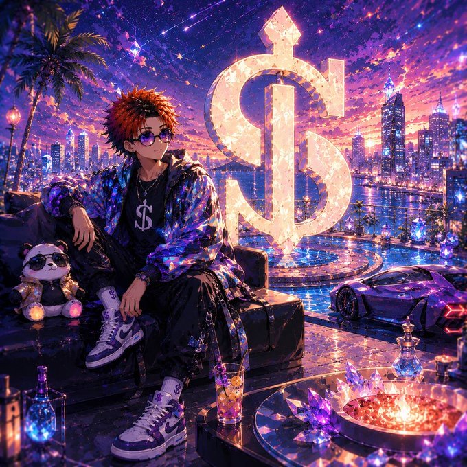 A vibrant anime-style illustration of a stylish young man with red hair and sunglasses, sitting on a couch in a luxurious setting with a city skyline at night, accompanied by a small teddy bear wearing sunglasses and a large dollar sign illuminated behind him.