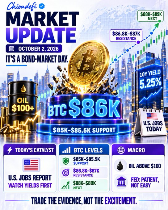 A vibrant 'Chiondefi Market Update' graphic dated October 2, 2026, highlights Bitcoin at $86K with support at $85K-$85.5K and resistance at $86.8K-$87K, noting a '10Y YIELD 5.25%', oil above $100, and an upcoming U.S. Jobs Report.