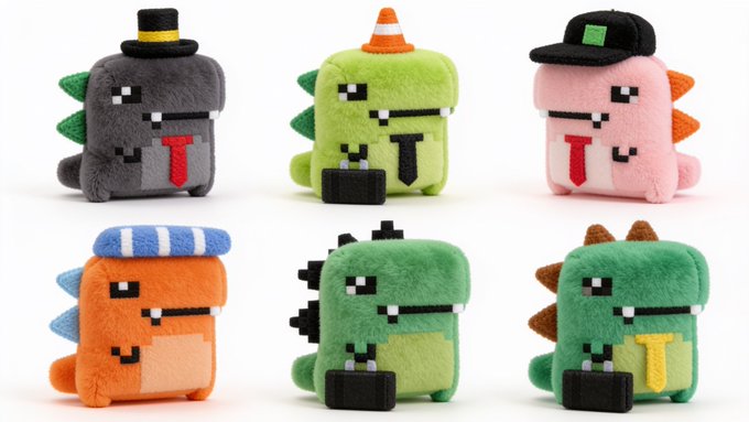 Six plush dinosaur toys with blocky, pixelated designs, each wearing different hats and accessories in gray, green, pink, and orange colors.