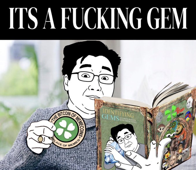 A meme featuring a black-and-white illustration of a man holding a magnifying glass over a book titled "IDENTIFYING GEMS," with text reading "ITS A FUCKING GEM" and a logo for "THE BITCOIN OF MEMECOINS."