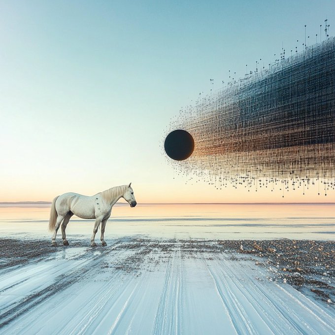 A surreal digital artwork depicting a white horse standing on a reflective beach/salt flat, facing a large dark sphere that dissolves into a swarm of particles against a pastel sky.