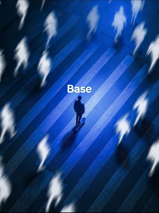An artistic blue-toned image shows a silhouetted person standing on a striped surface, surrounded by blurred ghostly figures of people walking, with the word "Base" displayed prominently.