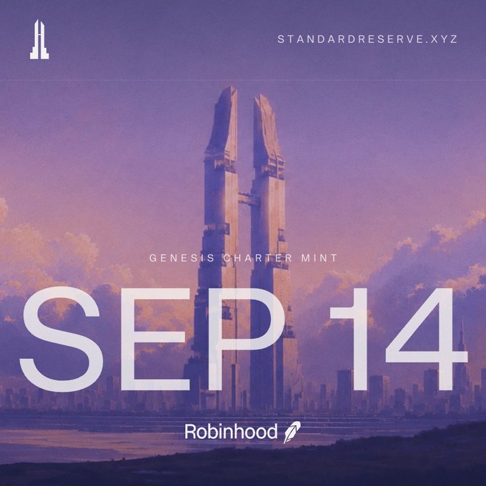 A promotional graphic for "Genesis Charter Mint" displays "SEP 14" in large white text, featuring a tall futuristic tower against a pink and purple sunset sky, with "standardreserve.xyz" and the "Robinhood" logo visible.
