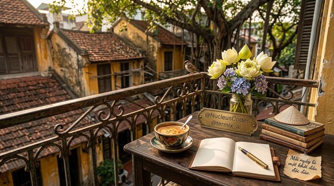 A picturesque balcony scene overlooking rustic rooftops, featuring a coffee cup, an open book, flowers, and a card reading '@NucleusCodes @termix_ai'.