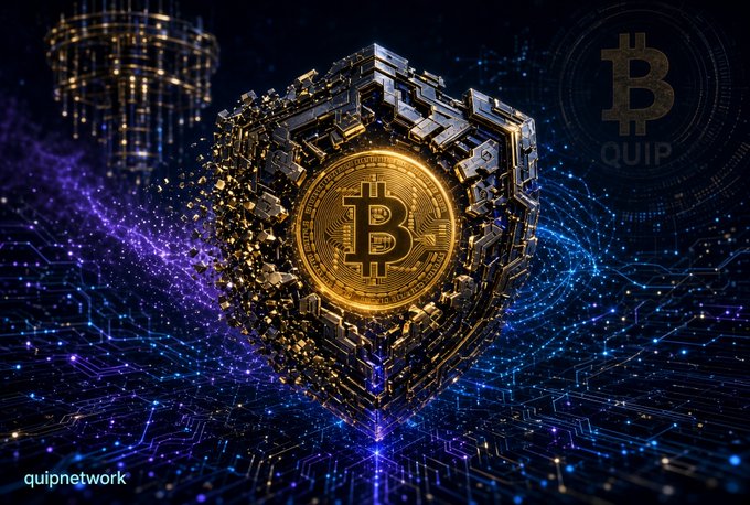 A stylized 3D graphic of a golden Bitcoin coin encased within a hexagonal metallic shield, set against a circuit board background with a Bitcoin logo and "QUIP" watermark in the upper right and "quipnetwork" text in the lower left.