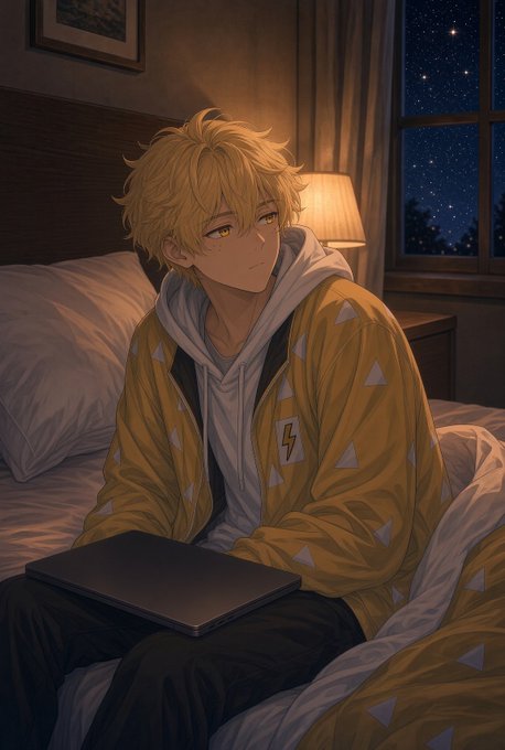An anime-style illustration shows a blonde-haired boy in a yellow patterned jacket over a gray hoodie, sitting on a bed at night with a laptop on his lap and a starry sky visible through the window.