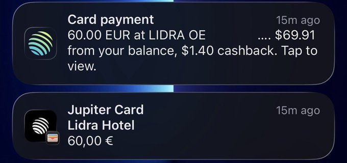 iPhone notifications showing two card payments: a 60.00 EUR charge at LIDRA OE and a Jupiter Card transaction at Lidra Hotel, both from 15 minutes ago.