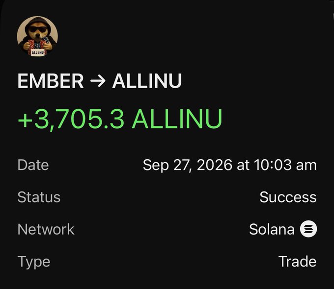 A cryptocurrency transaction confirmation showing a successful swap of EMBER to +3,705.3 ALLINU on the Solana network on Sep 27, 2026, with an 'ALLINU' avatar.