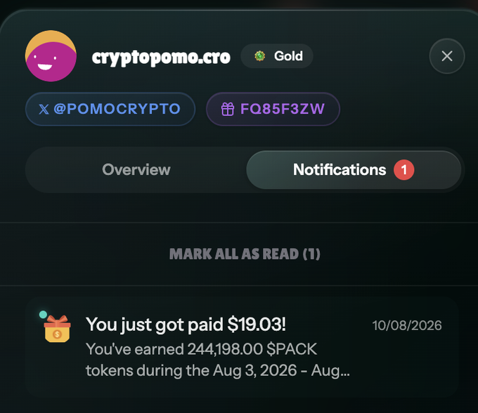 A dark-themed notifications interface showing a 'Gold' tier user named 'cryptopomo.crypto' with a Twitter handle '@POMOCRYPTO' and gift code 'FQ85F3ZW', displaying a notification that reads 'You just got paid $19.03! You've earned 244,198.00 $PACK tokens during the Aug 3, 2026 - Aug...' dated 10/08/2026.