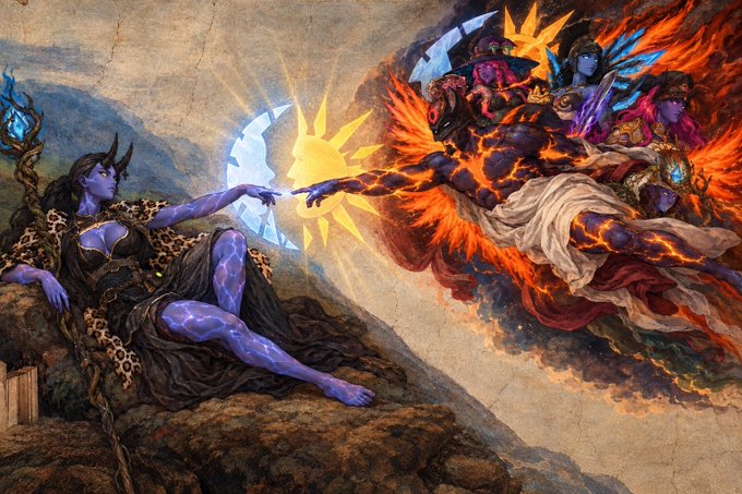 A fantasy artwork depicting two horned figures reaching toward each other - a blue-skinned horned woman on the left in a leopard-print cloak, and a fiery lava-skinned figure on the right surrounded by flames and other characters, with a sun/light emblem between their touching fingers.