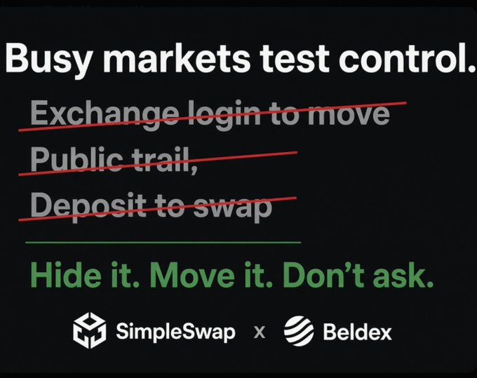 The image is a dark promotional graphic featuring the headline "Busy markets test control." with three crossed-out phrases—"Exchange login to move," "Public trail," and "Deposit to swap"—emphasizing the flaws these represent. Below, green text reads "Hide it. Move it. Don't ask." alongside the SimpleSwap and Beldex logos, reinforcing the post's message about the importance of true ownership and privacy in cryptocurrency transactions.