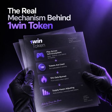 Promotional graphic for '1win Token' showing a hand holding a brochure titled 'The Real Mechanism Behind 1win Token' with sections on gameplay across ecosystems, token usage, token burning, and supply adjustments.