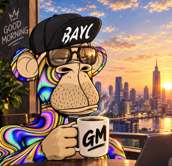 A BAYC (Bored Ape Yacht Club) NFT character wearing a black 'BAYC' cap and sunglasses, holding a coffee mug labeled 'GM' against a sunset city skyline backdrop with 'GOOD MORNING' text.