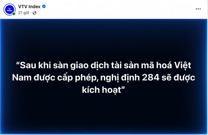 A VTV Index social media post in Vietnamese about Decree 284 being activated after licensed crypto asset trading in Vietnam.