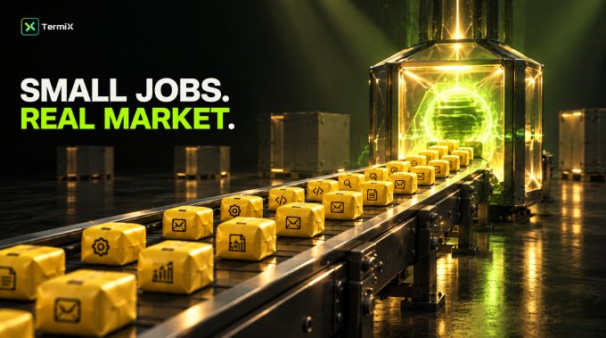 A promotional banner for TermiX displays the text 'SMALL JOBS. REAL MARKET.' alongside a 3D render of yellow boxes marked with business icons traveling on a conveyor belt into a glowing green portal.
