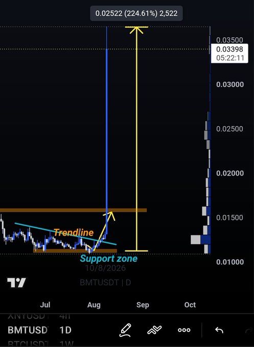 A TradingView candlestick chart of **BMTUSDT** on the daily timeframe shows a massive vertical spike from the support zone (~0.01) up to 0.02522, representing a **+224.61% (2,522)** gain as highlighted by the annotation, with a trendline, support zone, and an arrow projecting a potential 3–5x move toward 0.03398 — directly visualizing the post's claim of a "god candle" and its bullish follow-up setup.
