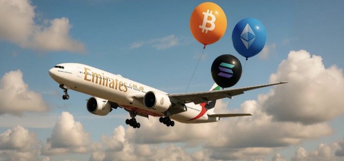 An Emirates airplane flies through a cloudy sky while carrying balloons branded with the Bitcoin (B), Ethereum (Ξ), and Solana logos, visually reinforcing the post's message about a major airline embracing crypto payments as a tangible sign of mainstream adoption.