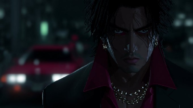 A dark-haired man in a black suit with a red collared shirt and spiked necklace stares intensely at the camera in a moody, rain-lit city street at night. The image's brooding, battle-worn atmosphere mirrors the post's reflection on scars and unseen struggles—visually embodying the resilience and defiance behind the words.