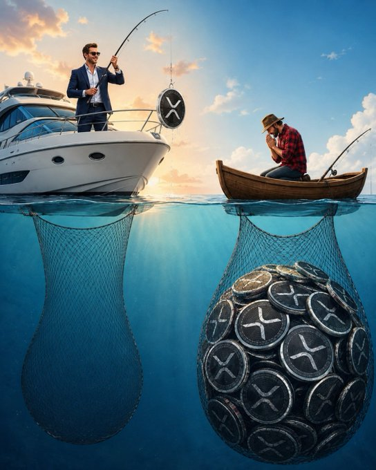 A man in a suit on a luxury yacht fishes with a tiny, empty net while a man in a small rowboat pulls up a bulging net filled with XRP coins, visually illustrating the post's message that patient, focused effort yields far greater rewards than chasing quick gains.