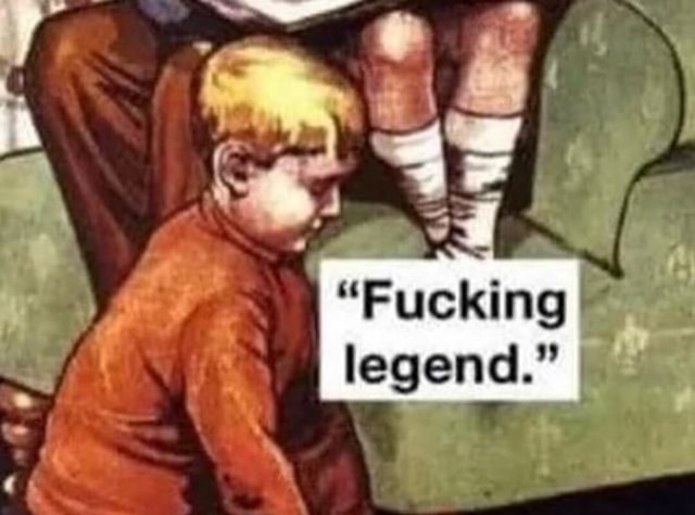 A vintage-style illustration shows a blonde child in an orange sweater looking down, with text overlay reading 'Fucking legend.'