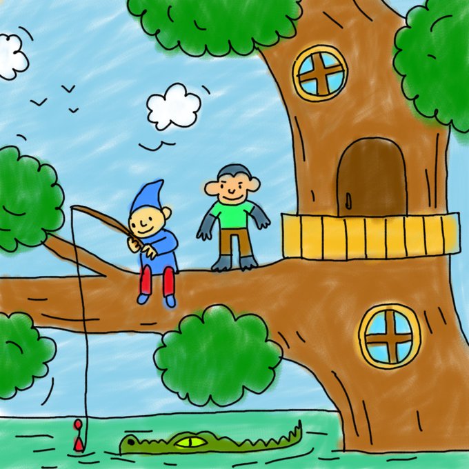 A child dressed as a gnome with a blue pointed hat and red boots fishes from a tree branch while another child watches, as a green crocodile lurks below in a whimsical children's illustration. This image appears to be part of the KidStory NFT collection, showcasing the illustrated character and animal types mentioned in the project's progress update.