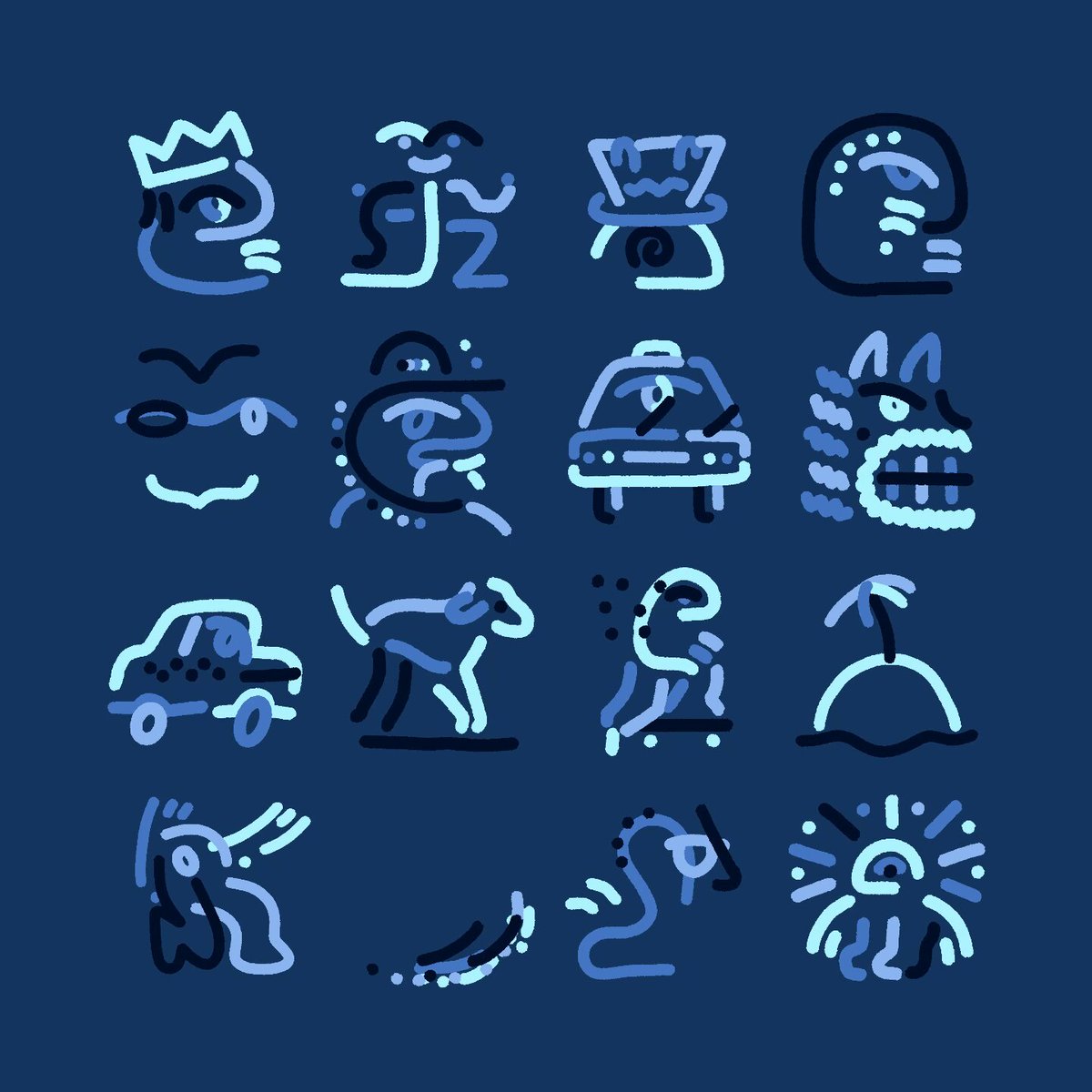 The image features a collection of 12 different cartoon-style icons, each depicting various objects or characters such as cars, animals, and people. The icons are arranged in two rows with four icons in each row. The colors used for these icons range from blue to black, creating a visually appealing contrast against the dark background. The post is titled "Really enjoyed playing around with @GLiFSbyEfdot Made a short story." This suggests that someone has created this collection of icons and shared it on social media or another platform as part of their creative project or personal hobby.