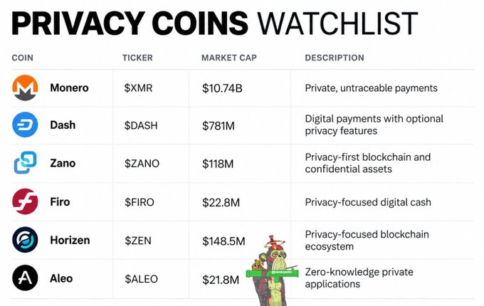 A 'PRIVACY COINS WATCHLIST' table listing Monero ($XMR, $10.74B), Dash ($DASH, $781M), Zano ($ZANO, $118M), Firo ($FIRO, $22.8M), Horizen ($ZEN, $148.5M), and Aleo ($ALEO, $21.8M) with brief descriptions of each, featuring a Pepe the Frog 'privacy wizard' meme overlay.
