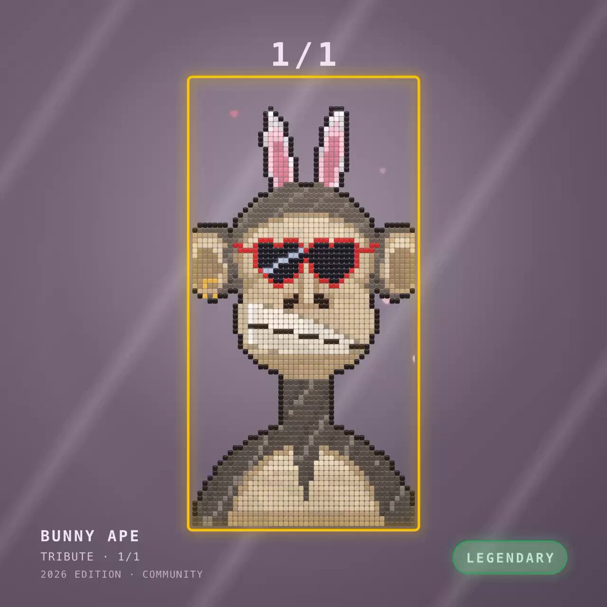 The image features a cartoon monkey wearing sunglasses, with its ears adorned with rabbit ears. The background of the image is purple, which complements the overall color scheme. There are two lines of text at the bottom of the image that read "gm Bunny & TGIF Love my 1/1 from @stacksnft_ I stacks you". This post seems to be a tribute or a fan page dedicated to the cartoon monkey and its creator.