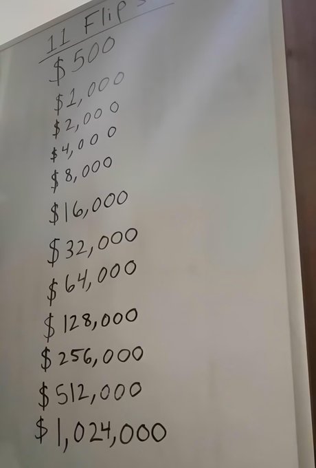 A whiteboard titled '11 Flips' showing a doubling sequence of dollar amounts starting at $500 and ending at $1,024,000.