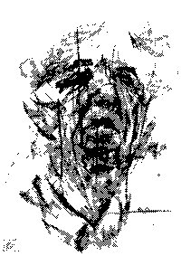 A black-and-white pixelated or distressed sketch of a face with an open, screaming mouth.