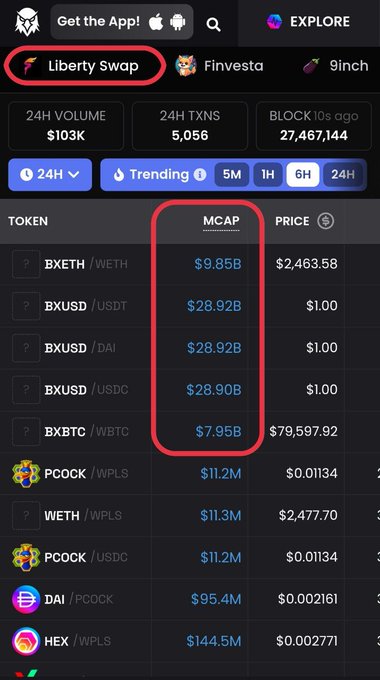 Crypto app screenshot showing the 'Liberty Swap' tab with market cap values for tokens including BXETH at $9.85B, BXUSD pairs around $28.92B, and BXBTC at $7.95B.