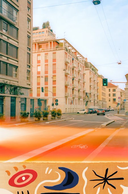 The image showcases a sun-drenched urban street scene in what appears to be a European city, with peach and cream-colored apartment buildings lining a quiet road, accented by colorful abstract graphics at the bottom.

This fits the "First of the Roll" collection by @tormius, @AlexKittoe, and @nev_in_color—a creative photography project where the work, as the post mentions, is engaging enough to spend hours exploring.