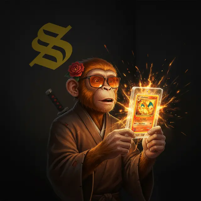 An AI-generated illustration of a monkey wearing orange sunglasses and a kimono, holding a glowing Pokemon card with a dollar sign symbol in the background.