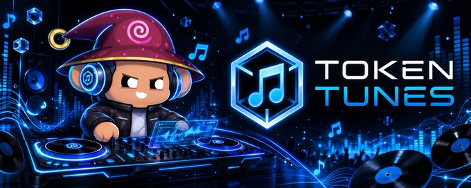 A logo banner for 'TOKEN TUNES' showing a cute cartoon character with a wizard hat and headphones DJing on a deck, with music notes and vinyl records in the background.