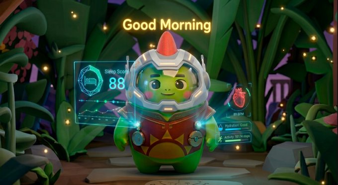 A 3D animated turtle character in a spacesuit with a 'Good Morning' display, showing a sleep score of 88 and hydration data on a futuristic dashboard.