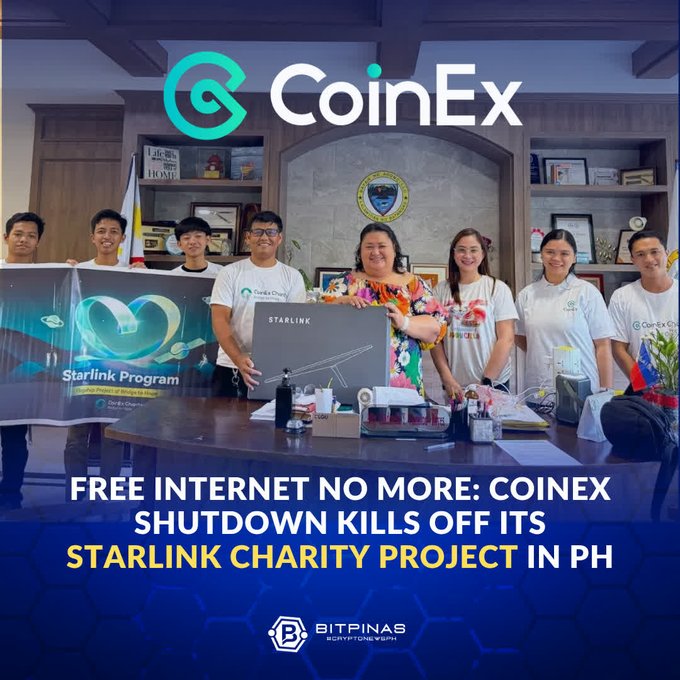 A CoinEx promotional image showing a group of people holding a "Starlink Program" banner and a Starlink box, with text reading "FREE INTERNET NO MORE: COINEX SHUTDOWN KILLS OFF ITS STARLINK CHARITY PROJECT IN PH" and the BitPinas logo.
