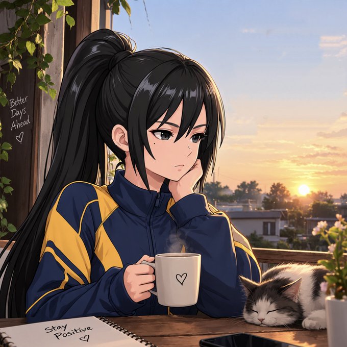 An anime-style illustration depicts a girl with long dark hair holding a steaming mug while a fluffy cat rests beside her, with notes reading 'Better Days Ahead' and 'Stay Positive'.