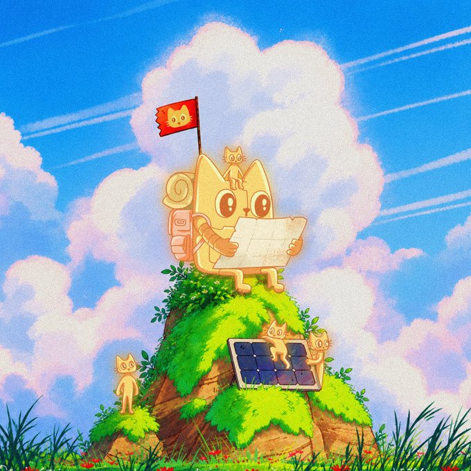 An illustration of a yellow cat-like character standing on a grassy hilltop holding a map, with a backpack and a small flag, accompanied by smaller cat figures, set against a bright blue sky with fluffy clouds.
