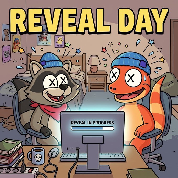 A cartoon illustration with the text "REVEAL DAY" at the top, showing a raccoon and a lizard character looking excitedly at a computer screen displaying "REVEAL IN PROGRESS".