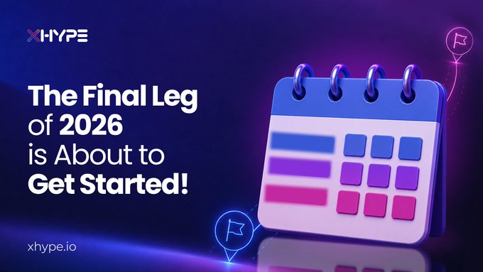 The image is a promotional graphic from Xhype featuring a stylized 3D calendar icon against a purple background, with the text "The Final Leg of 2026 is About to Get Started!" and the URL "xhype.io" displayed alongside the Xhype logo. It visually reinforces the post's message about Xhype's upcoming initiatives in the final quarter of 2026, specifically tied to their focus on stablecoin payment solutions.