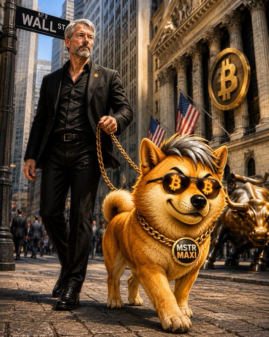 A distinguished man in a black suit holds the leash of a Shiba Inu dog wearing Bitcoin sunglasses and an "MSTR MAXI" chain medallion on Wall Street, beneath a giant Bitcoin logo and near the iconic Charging Bull statue, visually playing on the "My owner is @saylor" post as Michael Saylor, the prominent Bitcoin advocate and MicroStrategy (MSTR) founder, accompanied by his crypto-loving companion.