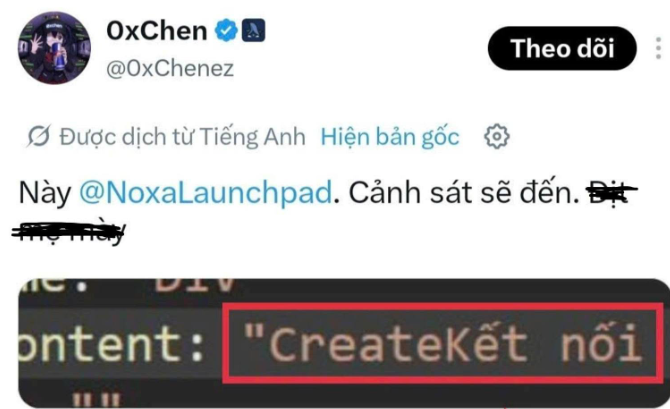 A screenshot of a Vietnamese-translated tweet from verified user @0xChenez (@OxChenez) mentioning @NoxaLaunchpad, with a red box highlighting the text 'CreateKẹt nổi'.