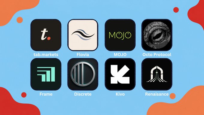 A grid of 8 app/brand icons including tab.markets, Flovia, MOJO, Octo Protocol, Frame, Discrete, Kivo, and Renaissance on a blue background.