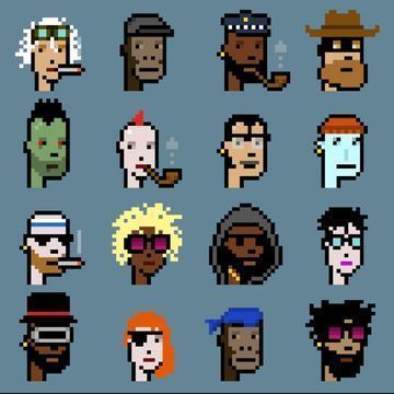 A pixel art grid of 16 character portraits featuring various stylized figures including a punk, a smoker with a pipe, and a figure with a mohawk on a blue background.