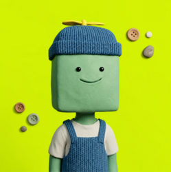 A 3D-rendered character with a green cubic head wearing a blue beanie with a propeller and a denim vest, set against a bright green background with floating buttons.