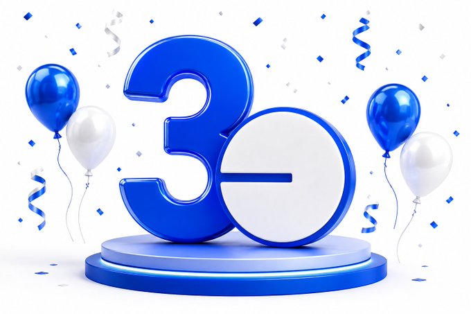 A large 3D blue "30" numeral sits on a circular blue stage, flanked by blue and white balloons and scattered confetti against a white background. The image commemorates Base's 3rd anniversary, with the "30" marking three years of growth, nearly $5B in TVL, and ongoing momentum toward a potential $BASE token launch.
