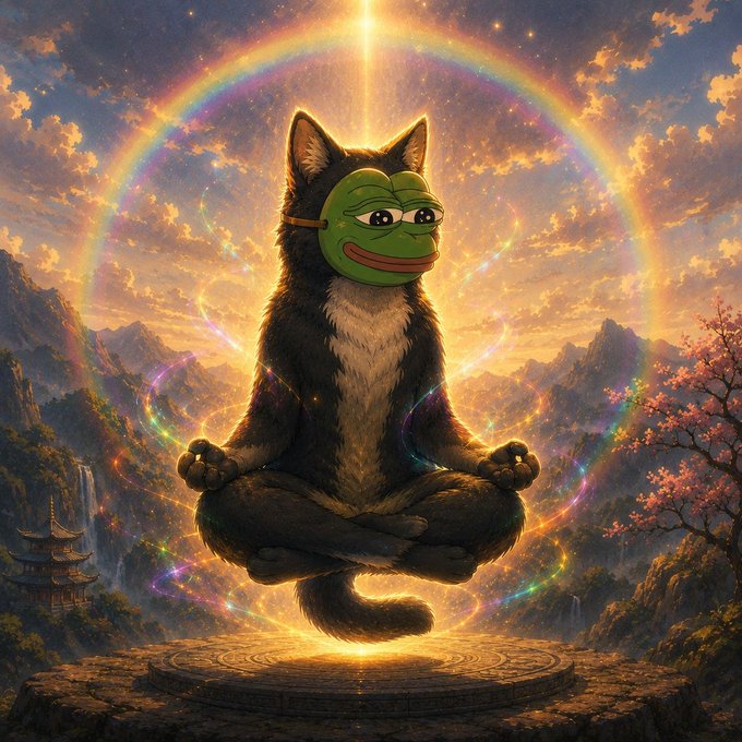 A whimsical fantasy artwork of a cat meditating in a lotus pose, wearing a green Pepe the Frog mask, levitating above a stone pedestal surrounded by a glowing rainbow halo with cherry blossoms and mountains in the background.