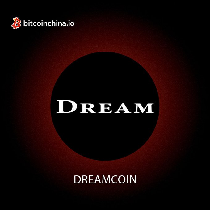 A promotional graphic for Dreamcoin's new listing on Bitcoin China, featuring a black circular logo with "DREAM" in white text, set against a dark red gradient background, with "DREAMCOIN" displayed below. The top-left corner displays the bitcoinchina.io logo with its Bitcoin symbol, indicating the trading platform for the $DREAMCOIN/SOL pair.